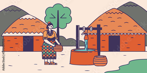 Illustration of a woman drawing water from a well in a rural village with huts and mountains in the background