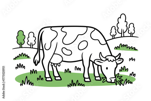 Cute cartoon cow grazing on grass in a green pasture illustration