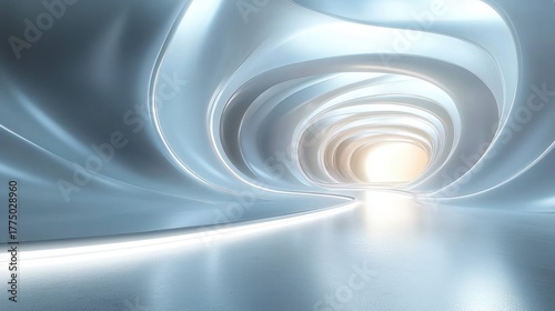 Fototapeta Naklejka Na Ścianę i Meble -  futuristic tunnel with smooth metallic curves illuminated by bright white light creating a sleek and modern passageway with a glowing entrance