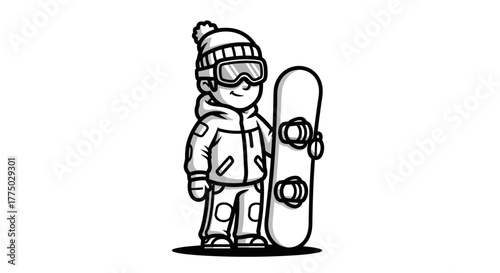 Monochrome illustration of a snowboarder with winter gear and a snowboard image