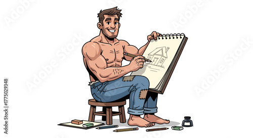 Muscular man illustrating a dream home design with pencil in a creative sketchpad setting