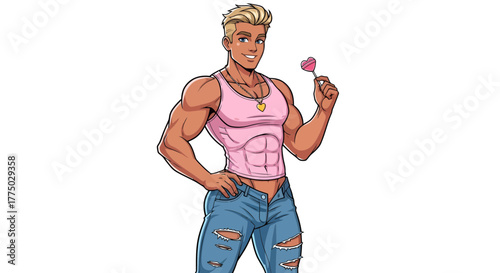 Muscular man with blond hair holding heart-shaped lollipop in casual trendy style