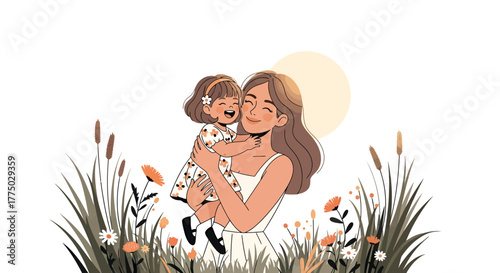 Mother's tender embrace a loving depiction of motherhood in a serene floral landscape