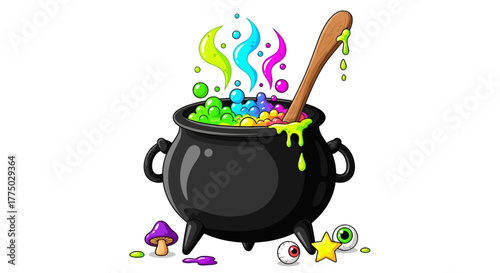 Mystical potion cartoon illustration with magical bubbling cauldron and whimsical details