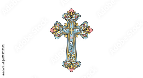 Ornate decorative cross with floral and avian elements for design projects, symbol