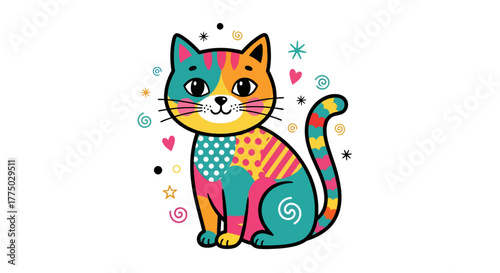 Playful feline illustration with vibrant patterns and whimsical decorative elements around