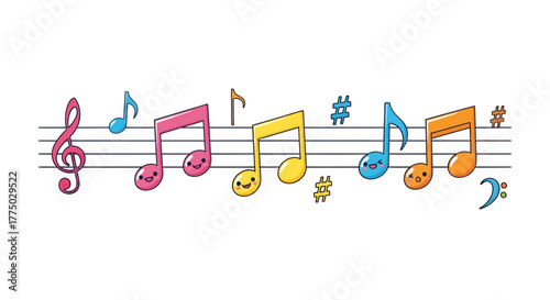 Playful musical arrangement with colorful notes bringing a cheerful and vibrant atmosphere