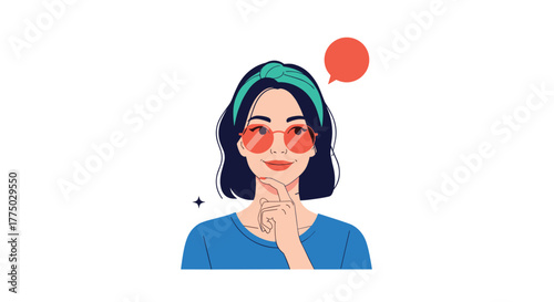 Thoughtful young woman in stylish sunglasses and a a headband, contemplating an idea with a speech bubble above her head.