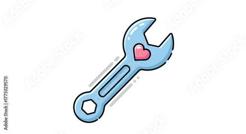 Romantic wrench cartoon illustration suggesting care and precision with loving attention