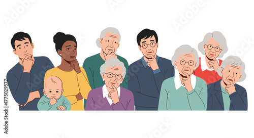 A diverse group of multi-generational individuals, including a baby, young adults, and seniors, are all looking thoughtful and pondering a situation.
