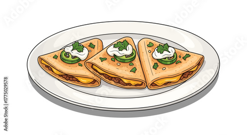 Savory triangular quesadillas adorned with cream, jalapeños, and cilantro on a pristine white plate