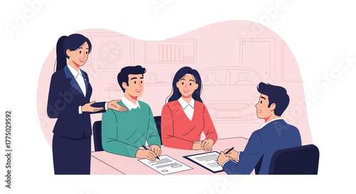 A professional car salesperson assists a smiling couple with paperwork for their new vehicle purchase in a modern dealership office.