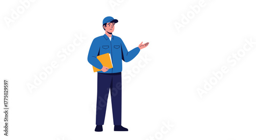 A friendly service man or delivery worker in a blue uniform and cap holds a yellow folder and gestures with an open hand, ready to help.