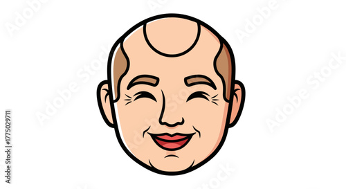 Smiling balding man cartoon head with closed eyes radiates joy and contentment in vector format