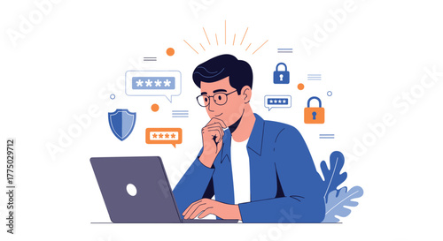 A man with glasses is thoughtfully working on his laptop, surrounded by symbols of online security and password management.
