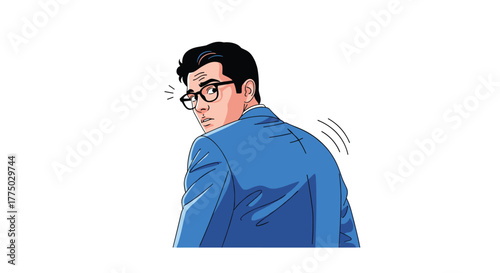 A professional man in a blue suit with glasses turns his head to look over his shoulder, showing surprise or curiosity.