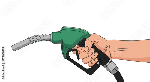 A person's hand firmly grips a green and black fuel pump nozzle, ready to dispense gasoline at a service station.