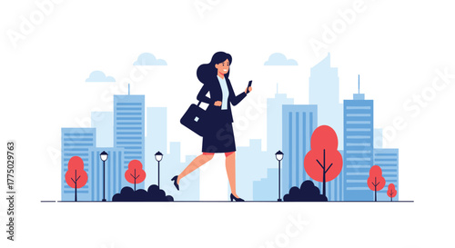 A cheerful professional businesswoman walks through a modern city park, holding her mobile phone and briefcase, with tall buildings and trees.