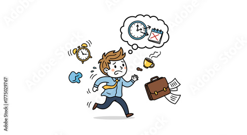 Stressed cartoon businessman running late with chaotic work life elements around him