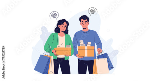 Worried couple holds shopping bags and boxes filled with receipts, reflecting financial stress and burden from excessive spending.