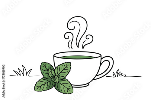 Illustration of a cup of mint tea with fresh mint leaves