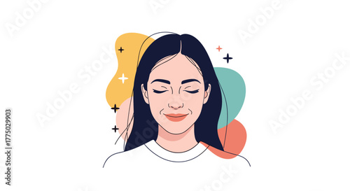 A peaceful woman with closed eyes and a gentle smile, surrounded by abstract colorful shapes and sparkling elements, embodying calm and wellbeing.