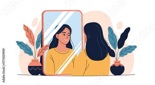 A happy young woman looks at her smiling reflection in a mirror, reflecting on self-love, confidence, and positive self-image.