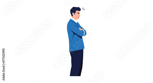 A frustrated and annoyed businessman stands with his arms crossed, displaying an angry expression and clear disapproval, perhaps due to a disagreement.