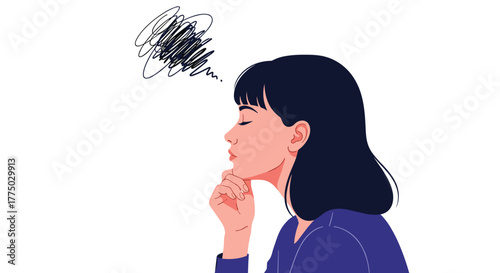 Contemplative young woman with closed eyes and hand on chin, illustrating stress, anxiety, or deep, muddled thoughts.