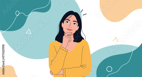 A thoughtful young woman with dark hair in a yellow top, hand on chin, looks upwards in contemplation against a modern abstract background.