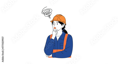A thoughtful female construction worker or engineer in a hard hat and blue uniform, pondering a problem with a confused expression.