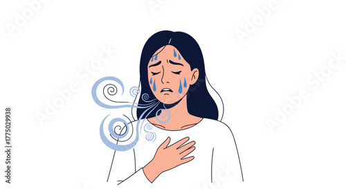 A young woman experiences a panic attack or severe anxiety, displaying sweat, tears, and difficulty breathing, clutching her chest in distress.