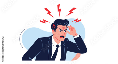 An angry and stressed businessman screams in frustration, experiencing a headache and workplace pressure, depicted with lightning bolts.