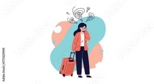 Stressed young woman traveler holding a suitcase, experiencing anxiety and confusion, with abstract swirling thoughts above her head.