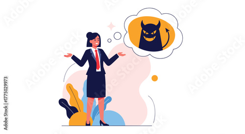 A businesswoman contemplates a potentially unethical or devious decision, symbolized by a devilish figure in her thought bubble.