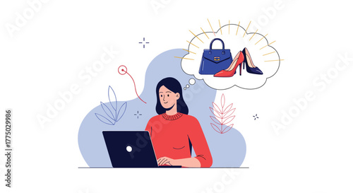 A woman happily shops for new fashion accessories online on her laptop, dreaming of a stylish handbag and high heels.