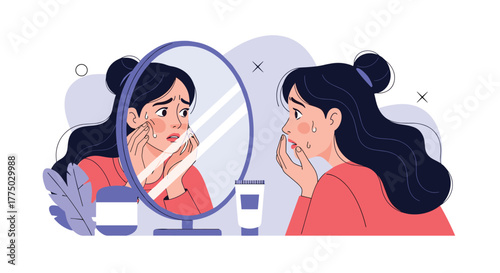 A distressed young woman looks at her reflection in the mirror, expressing worry and anxiety about her appearance and skin condition.