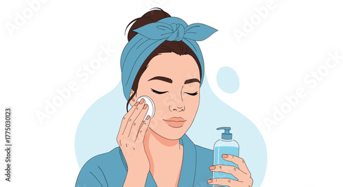 A woman performing her daily skincare routine, using a cotton pad to apply a product to her face.