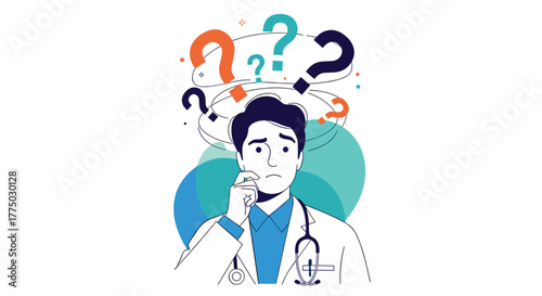 Confused doctor contemplating a complex medical problem with many questions swirling around his head, illustrating uncertainty in healthcare.