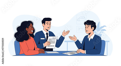 Diverse business professionals discuss a contract or agreement at an office table, hinting at automotive, insurance, or financial services.