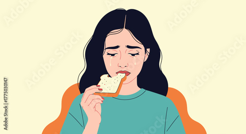 A young woman with tears streaming down her face eats a piece of bread, depicting sadness, emotional eating, and comfort in simple food.