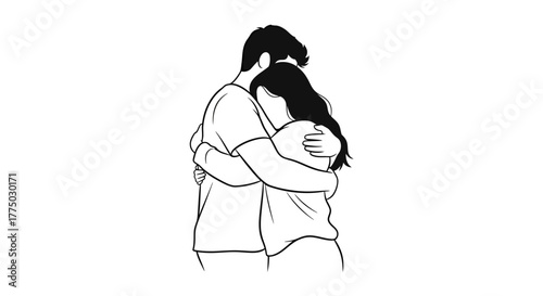 Minimalist embracing couple line drawing conveying affection and emotional bond