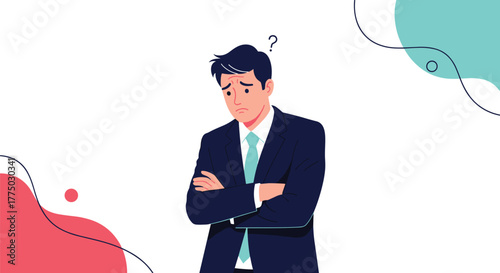 A confused and worried businessman in a suit with a question mark above his head, contemplating a problem or decision.