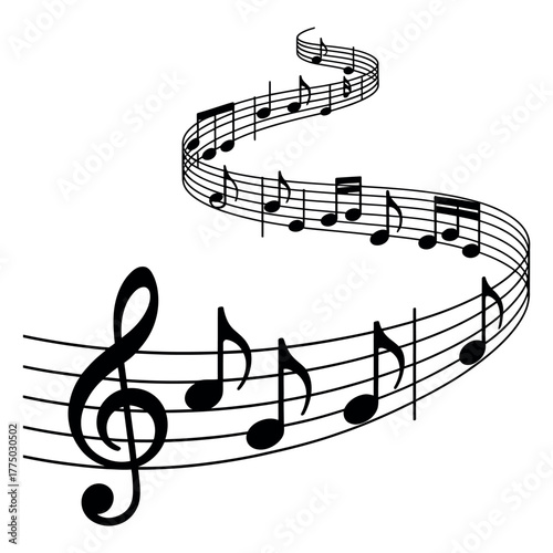 A flowing staff with a treble clef and musical notes winding into the distance, representing a beautiful melody or song