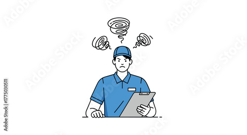 An angry male service worker in a blue uniform and cap looks frustrated while holding a clipboard, with swirling thoughts above his head.
