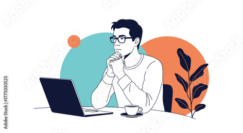 An illustrated man wearing glasses sits at a desk with a laptop and coffee, deep in thought, surrounded by abstract shapes and a plant.
