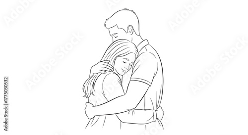 Minimalist line art illustration depicting a serene embrace between a couple showing deep affection