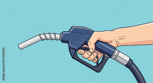 A person's hand firmly holds a blue and silver fuel pump nozzle, ready to dispense gasoline, set against a clean blue background.