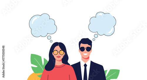 A man and a woman contemplating with thought bubbles above their heads, symbolizing shared ideas, communication, and diverse perspectives.