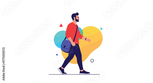 A confident, modern man with a beard and glasses walks purposefully, carrying a messenger bag, against a vibrant abstract background.